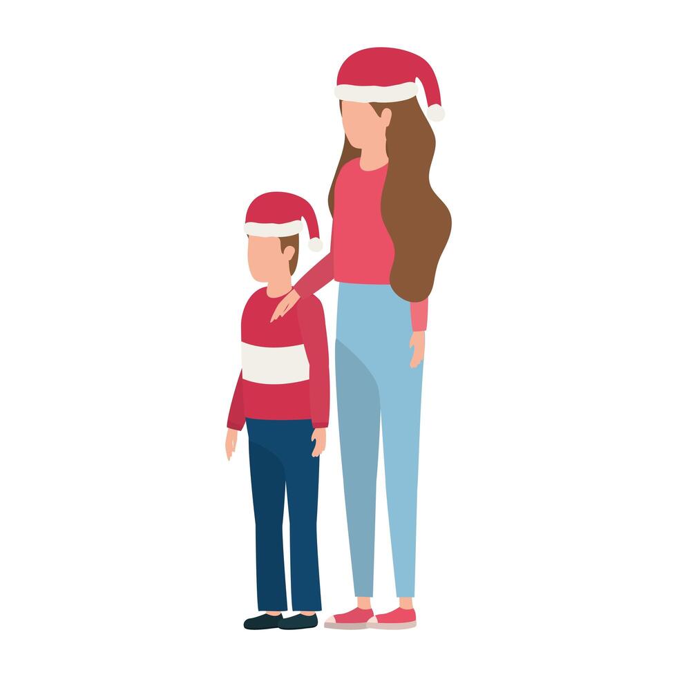 mother and son with christmas hats characters vector