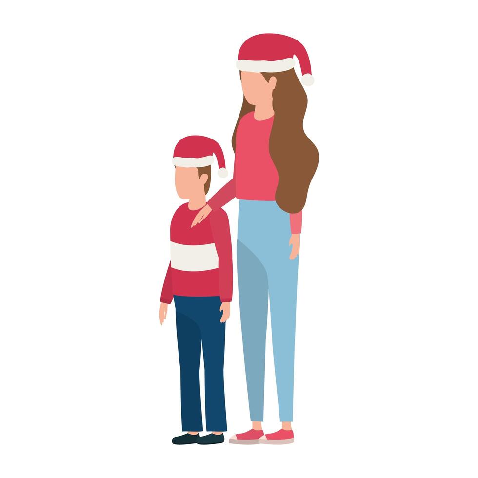 madre e hijo con personajes de sombreros de navidad vector