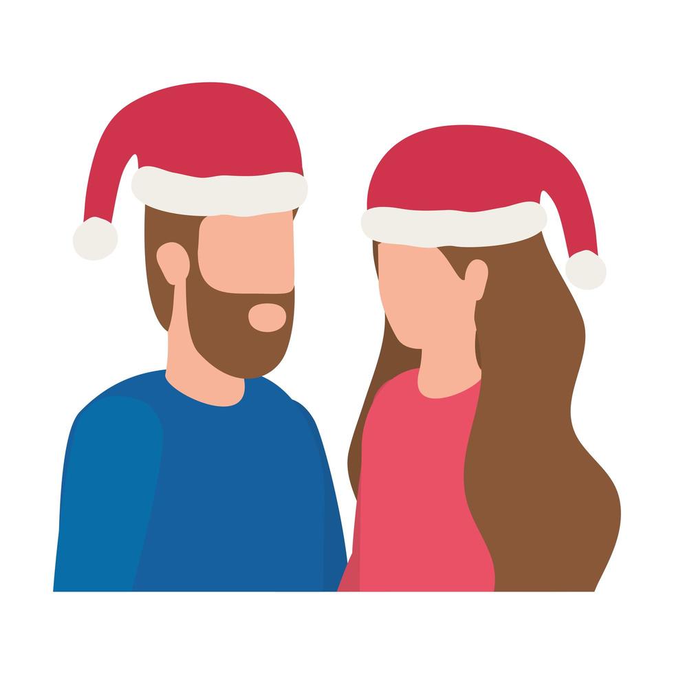 young lovers couple with christmas hat characters vector