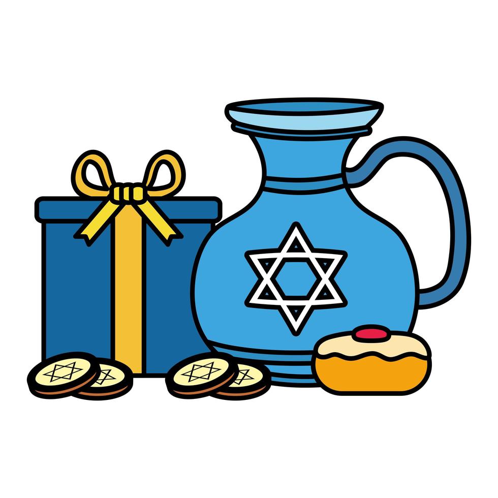 happy Hanukkah teapot jar with sweet cupcake and coins vector illustration design