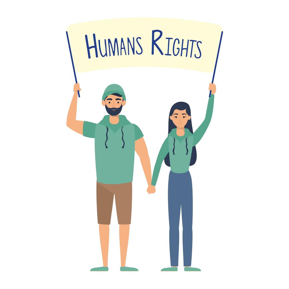 pareja joven con banner de derechos humanos vector