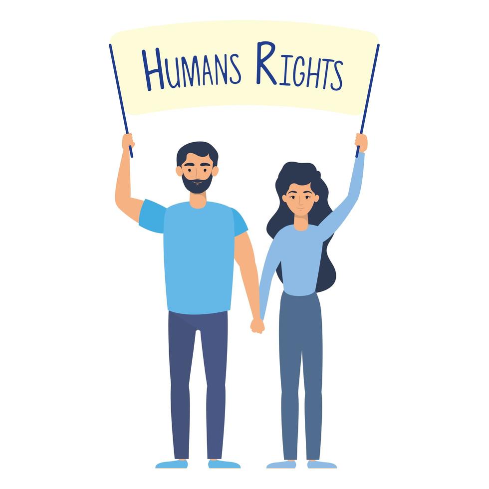 pareja joven con banner de derechos humanos vector