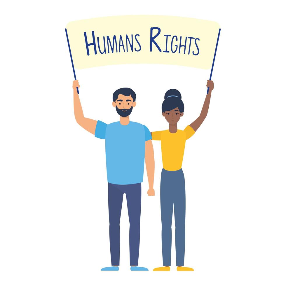 joven pareja interracial con banner de derechos humanos vector