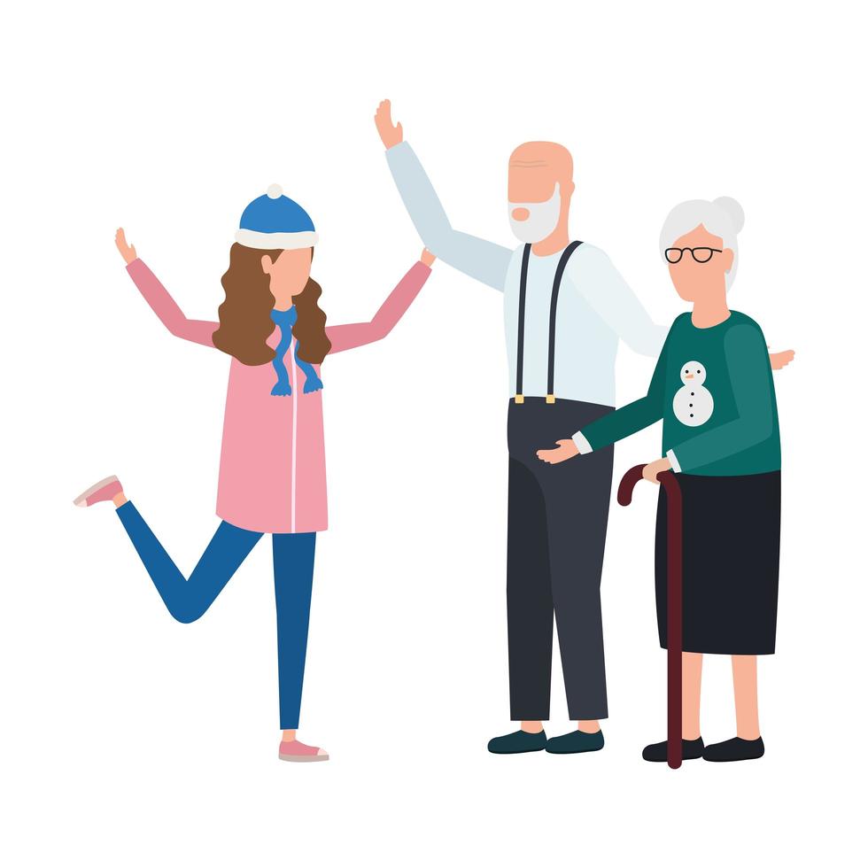 grandparents with granddaughter in Christmas hat vector