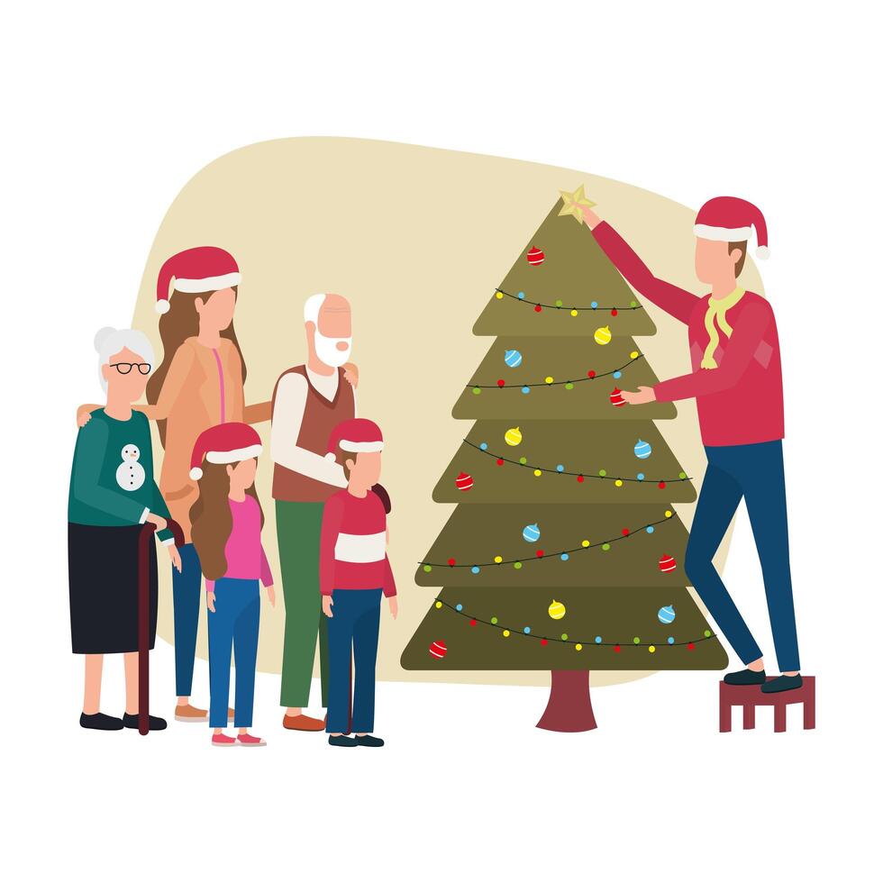 cute family members with Christmas tree vector