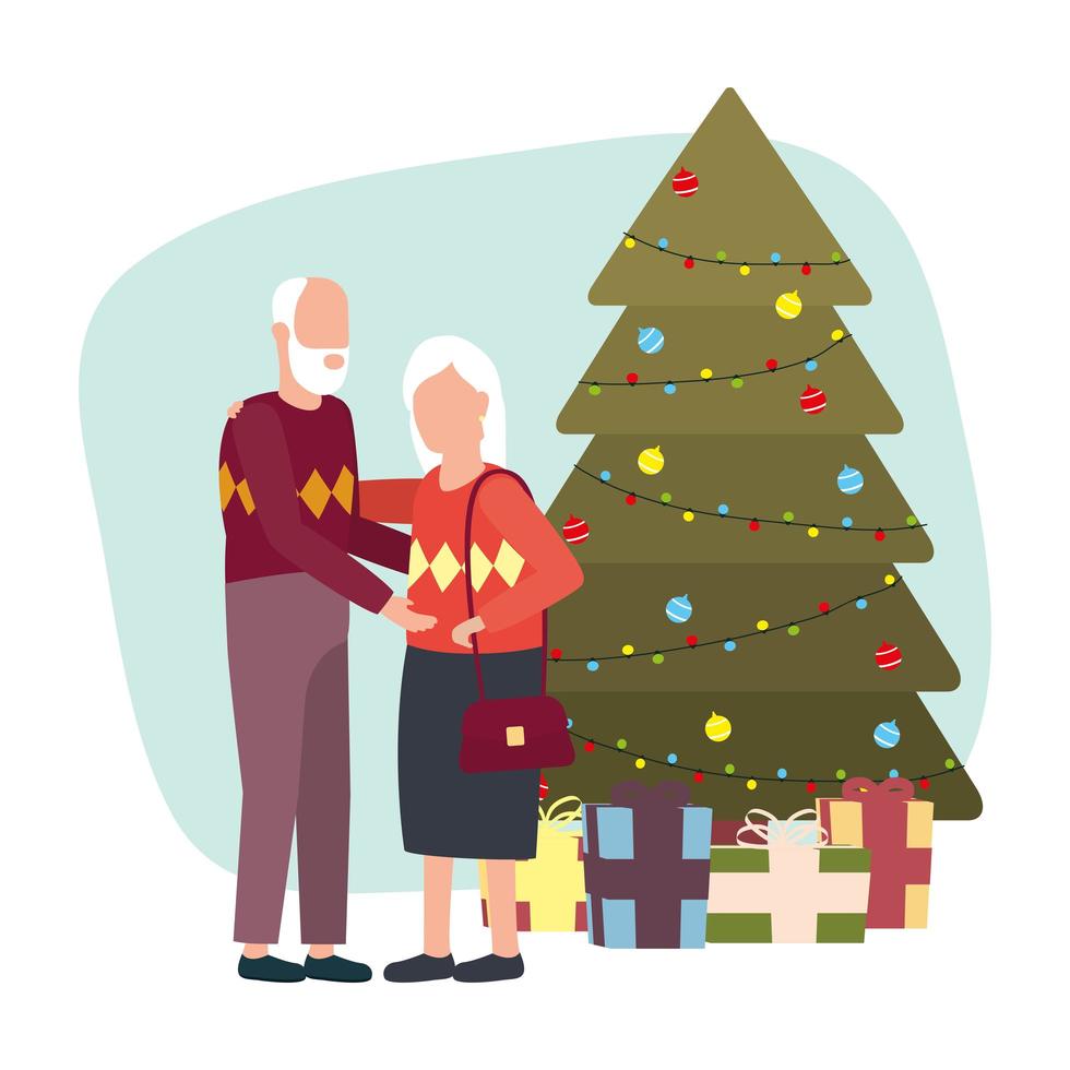 cute grandparents with Christmas tree vector