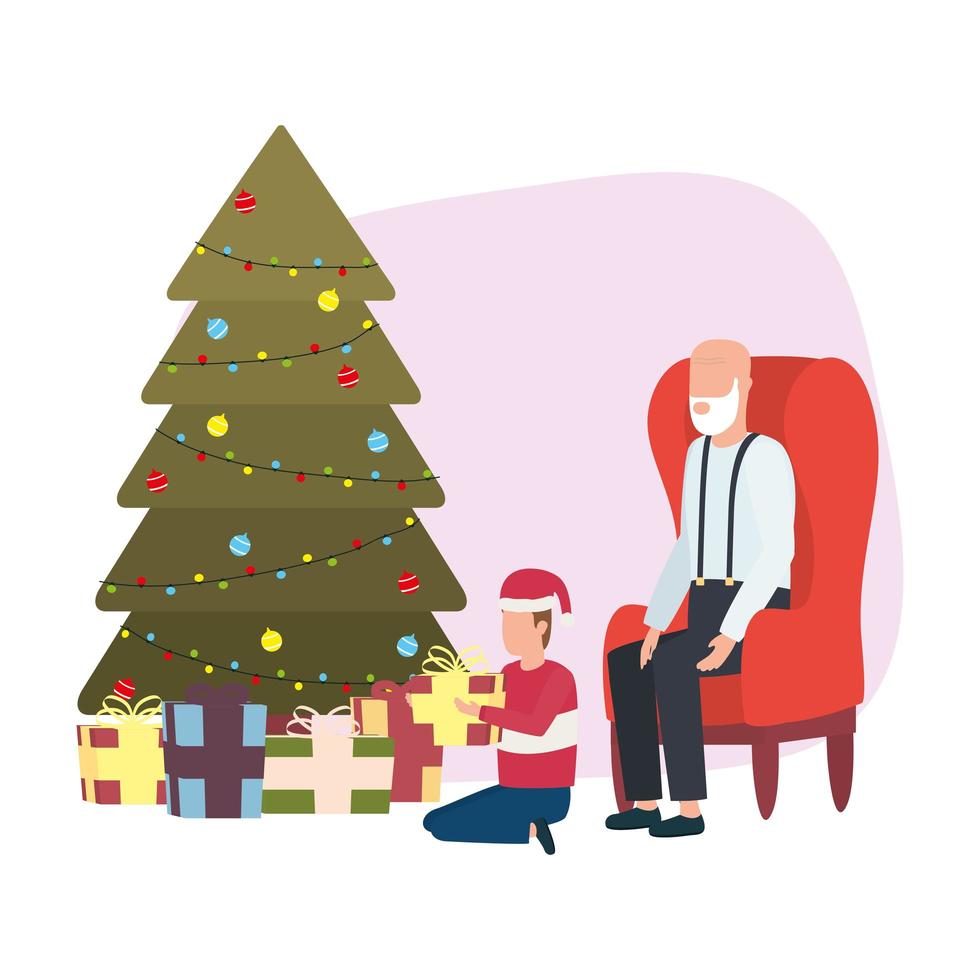lindo abuelo y nieto con árbol de navidad vector