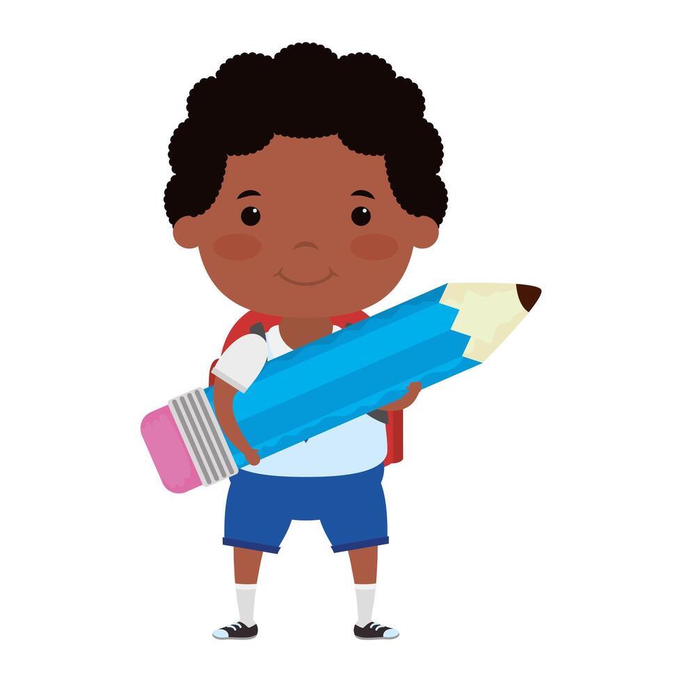 cute little African student boy with pencil character vector