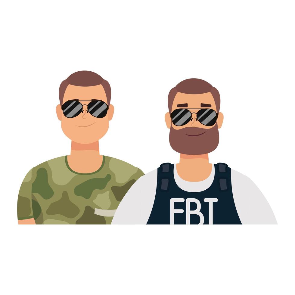 Hombre joven con barba, agente del FBI y diseño de ilustraciones vectoriales militares vector