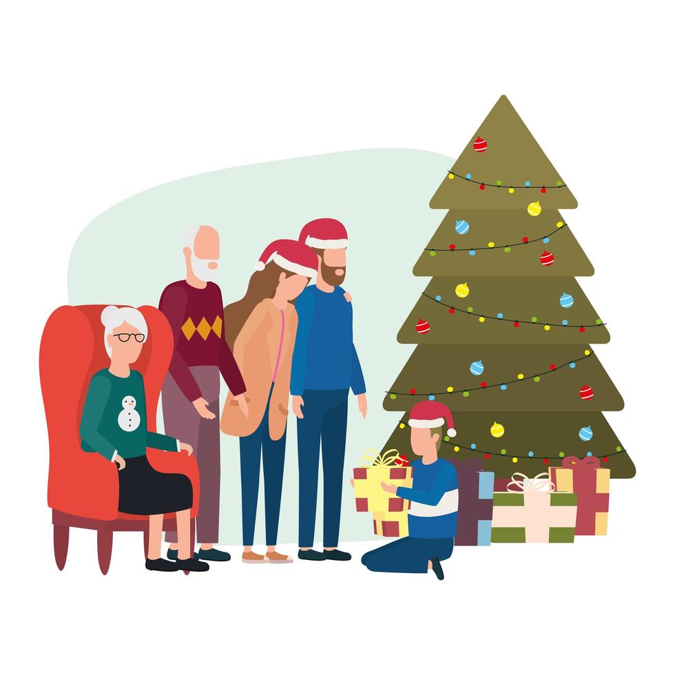 cute family members with Christmas tree vector