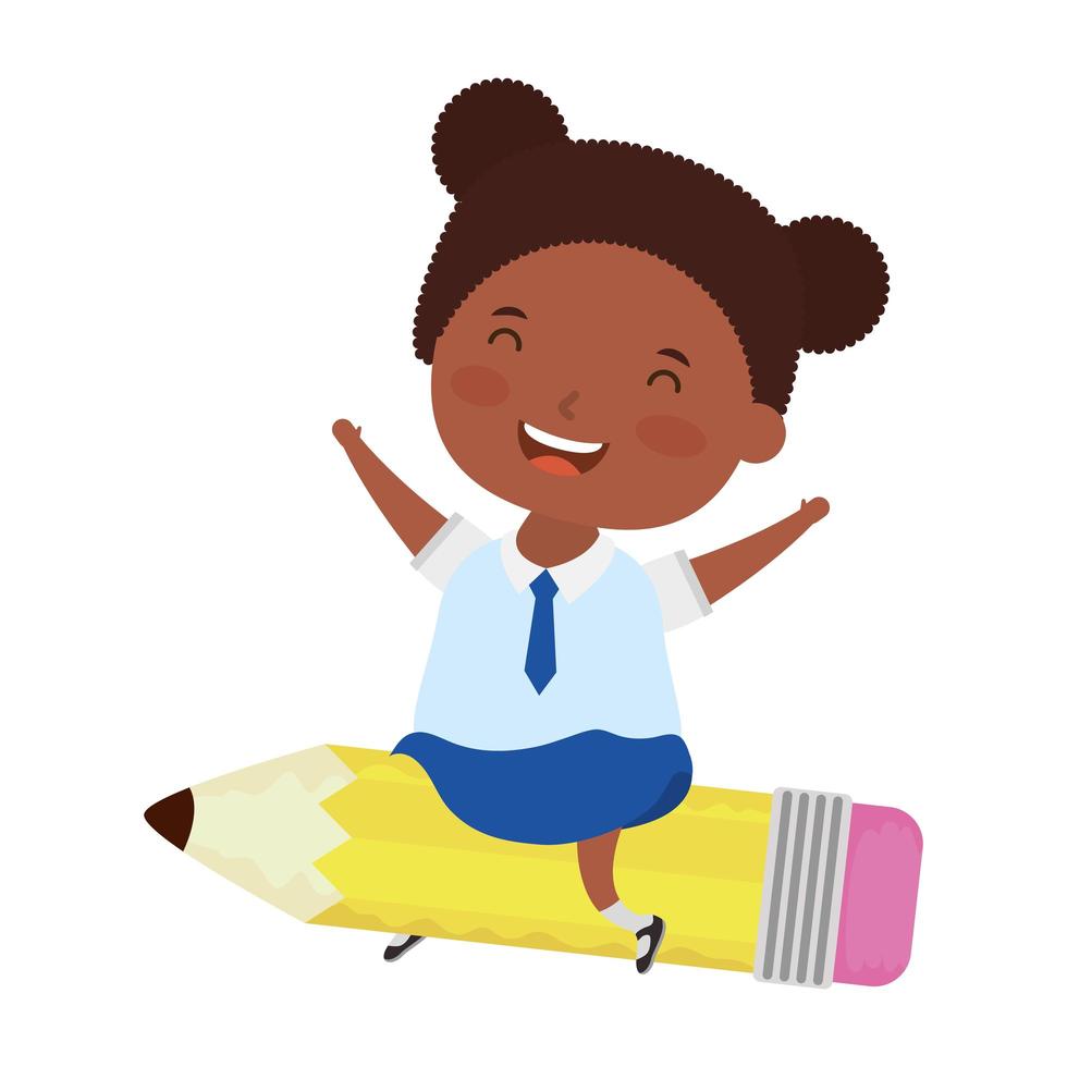 cute little student African girl seated on pencil character vector