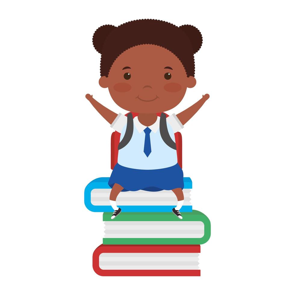 cute little student African girl seated in books vector