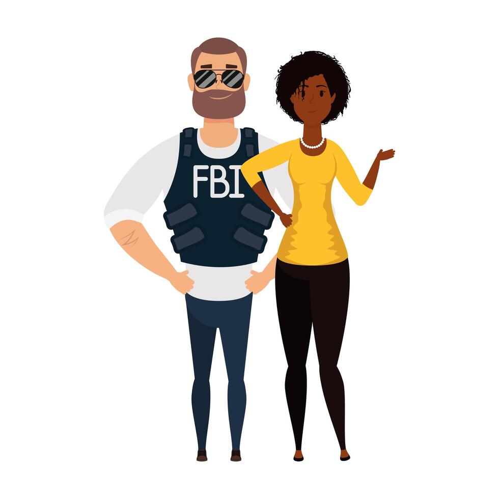 young man FBI agent with African woman characters vector