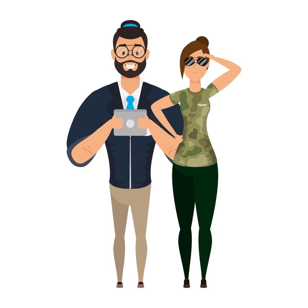 young man bearded with military female agent vector