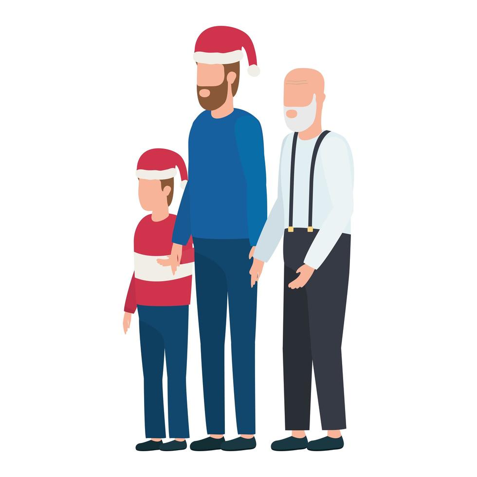 cute grandfather with young son and grandson in Christmas hat vector