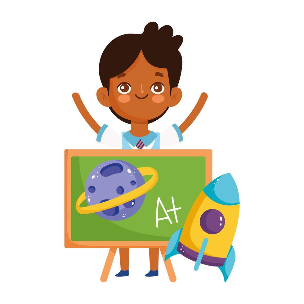 back to school, student boy chalkboard rocket planet elementary education cartoon vector