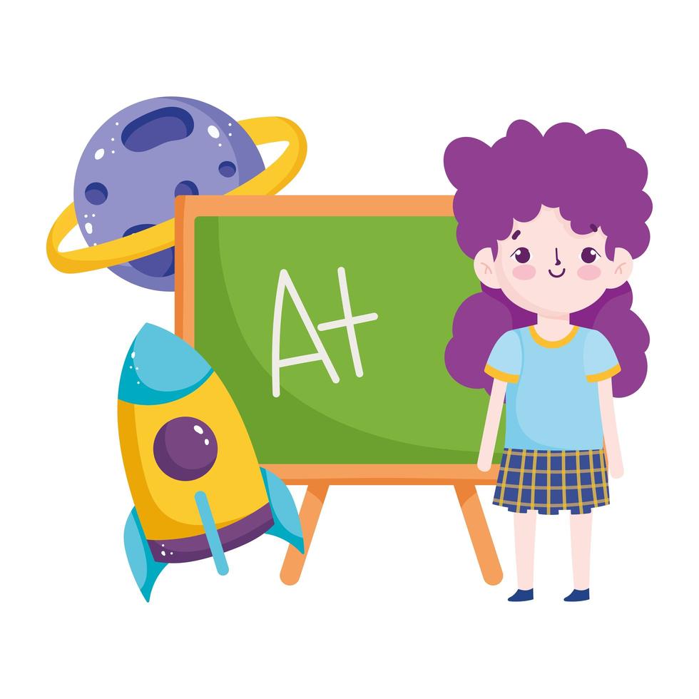back to school, student girl chalkboard rocket planet elementary education cartoon vector