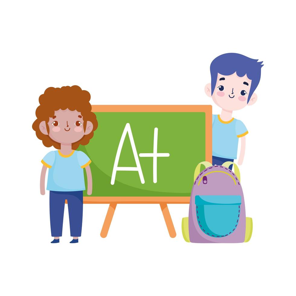 back to school, student boys bag chalkboard elementary education cartoon vector