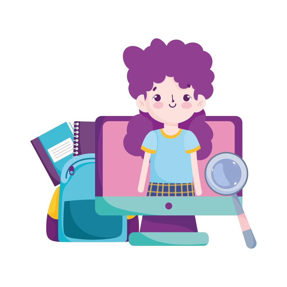 back to school, student girl online class bag magnifier and books elementary education cartoon vector