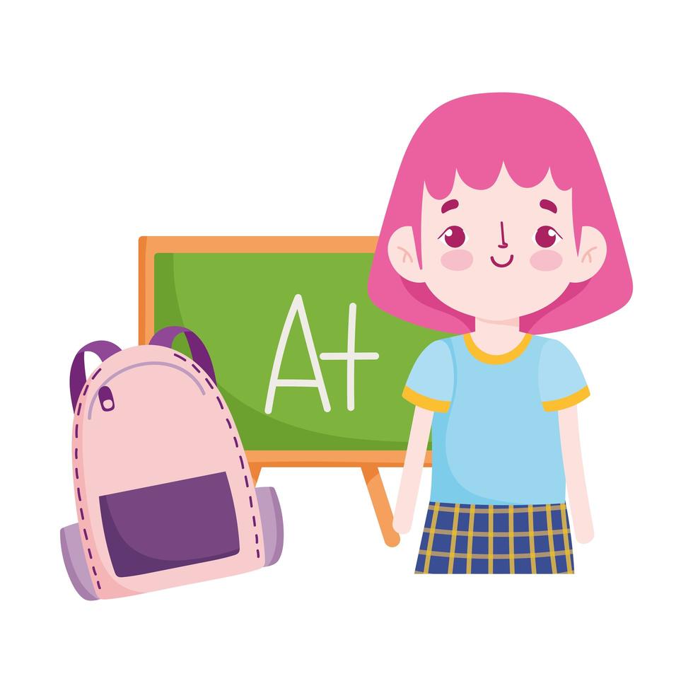 back to school, student girl backpack and chalkboard elementary education cartoon vector