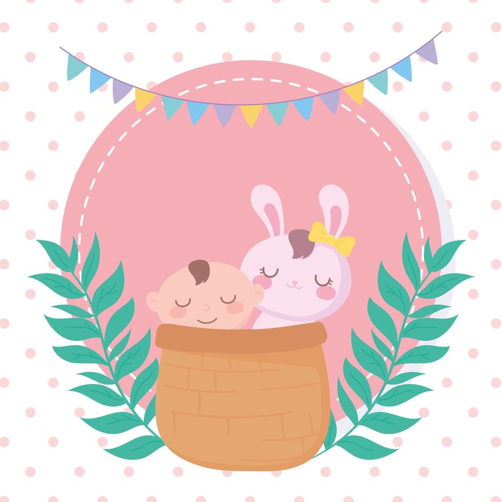 Baby Shower, niño y conejo en canasta, celebración bienvenida recién nacido vector