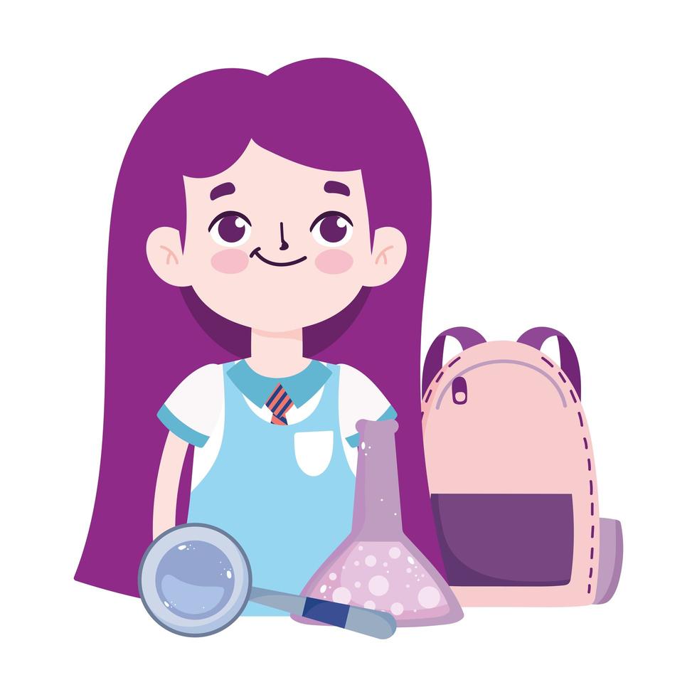 back to school, student girl bag chemistry flask and magnifier elementary education cartoon vector