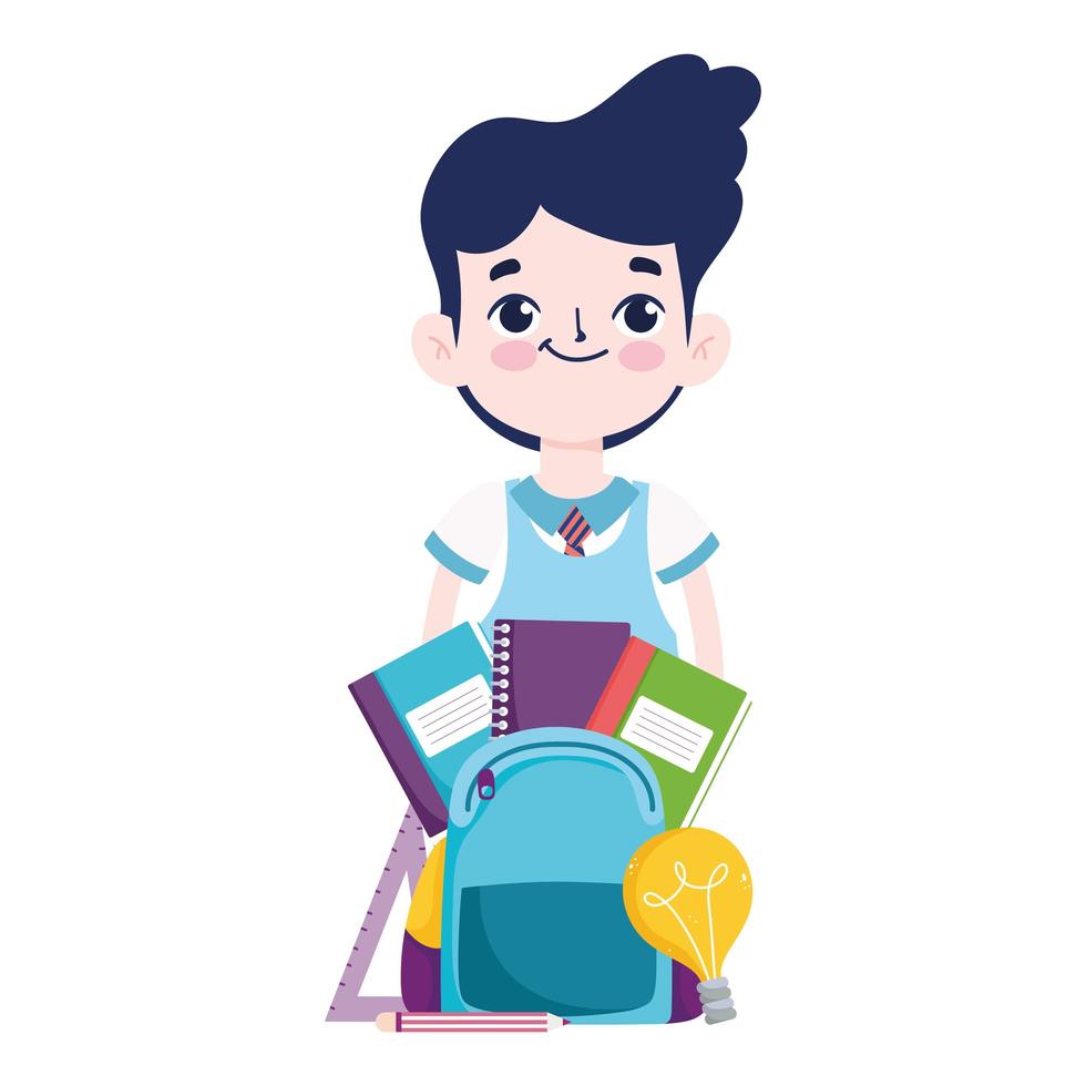 regreso a la escuela, estudiante, niño, libros, bolsa, lápices, educación elemental, caricatura vector