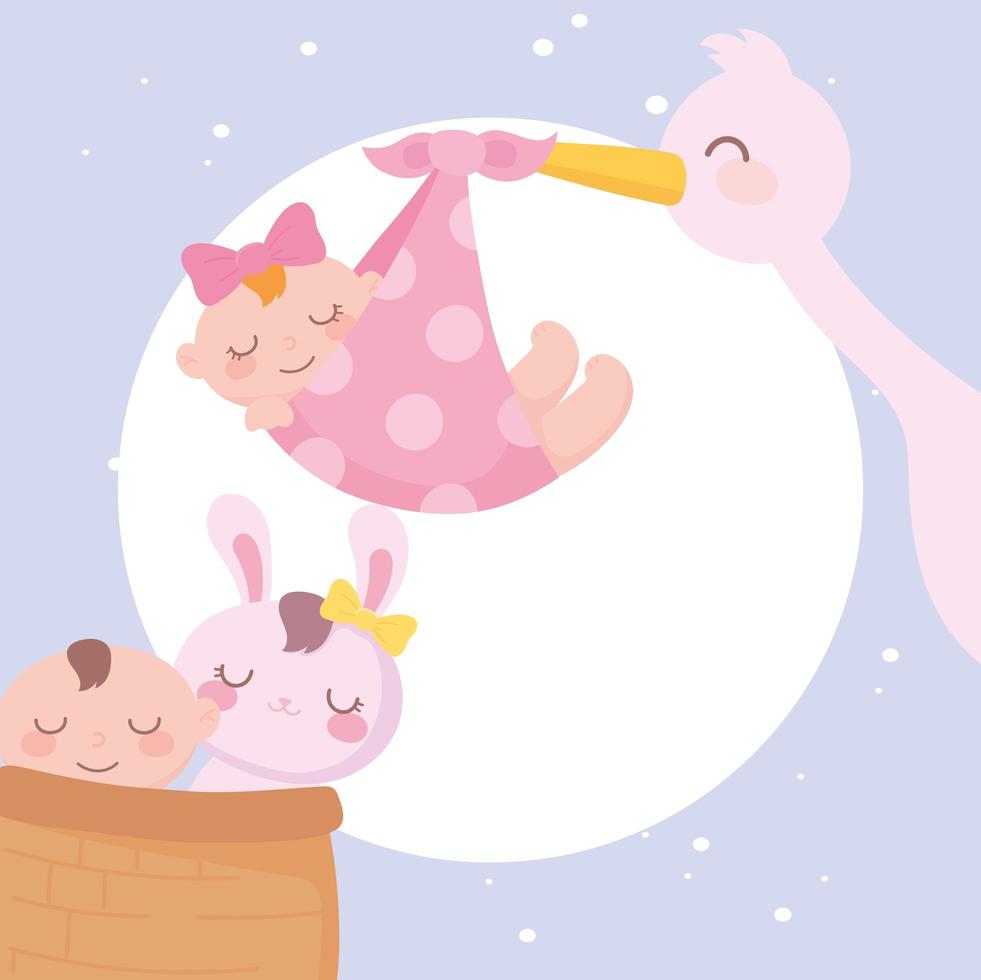 baby shower, stork with baby girl and little boy and rabbit in basket night sky, celebration welcome newborn vector