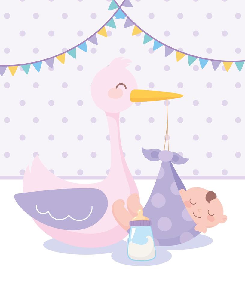 Baby shower, cigüeña y niño en manta y botella de leche, celebración bienvenido recién nacido vector