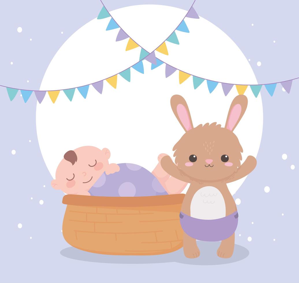 baby shower, little boy in basket and bunny with diaper, celebration welcome newborn vector