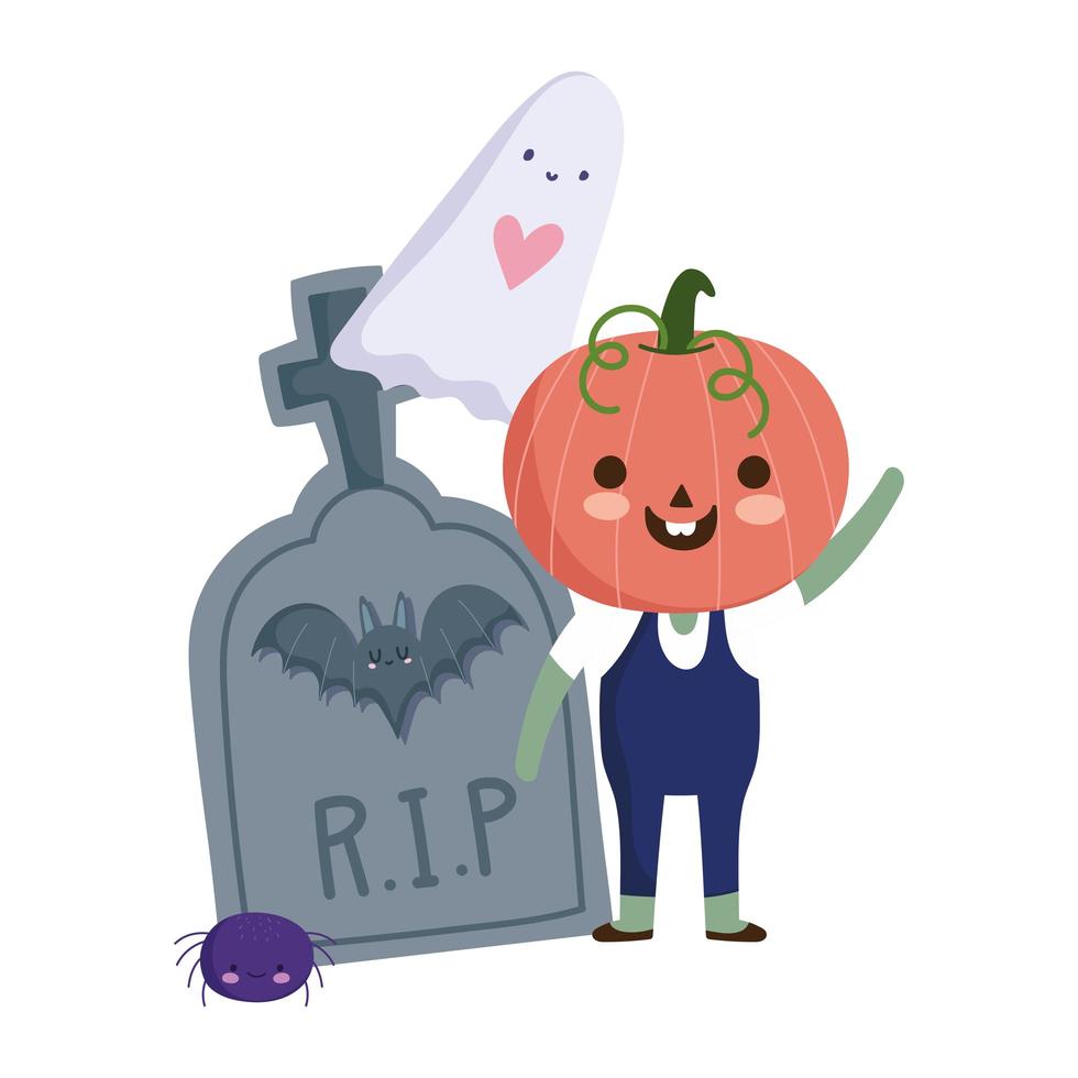 feliz halloween, disfraz de calabaza niño fantasma y lápida, celebración de fiesta de truco o trato vector