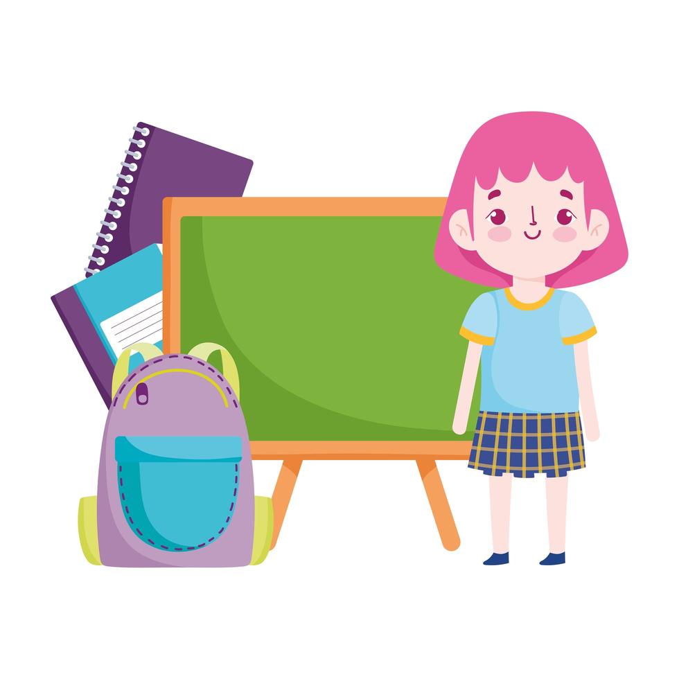 regreso a la escuela, libros de bolso de niña estudiante y dibujos animados de educación elemental de pizarra vector