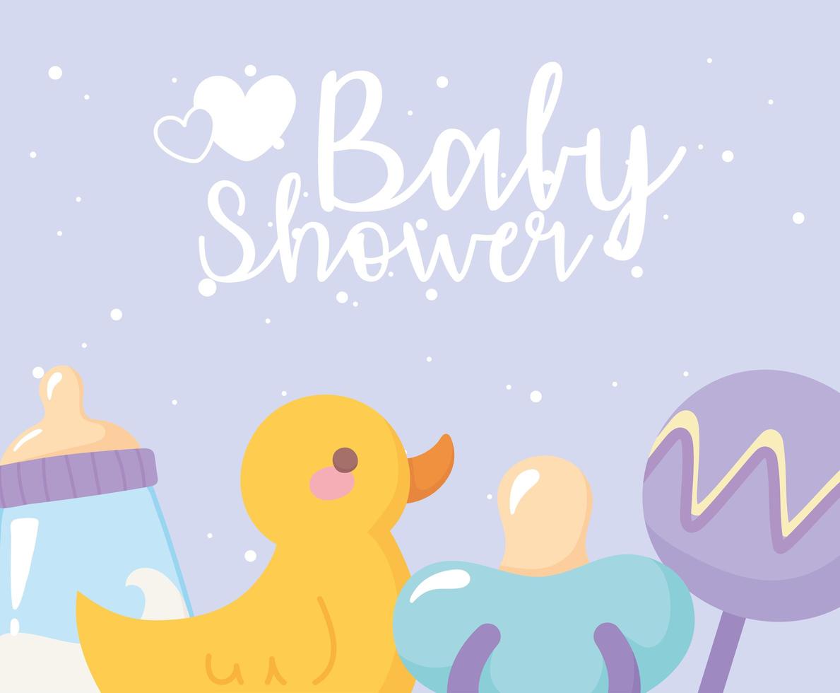 baby shower, juguetes pato sonajero chupete y botella de leche, celebración bienvenido recién nacido vector