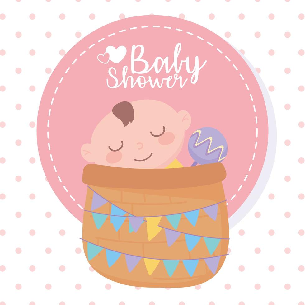 baby shower, little boy in basket with rattle, celebration welcome newborn vector