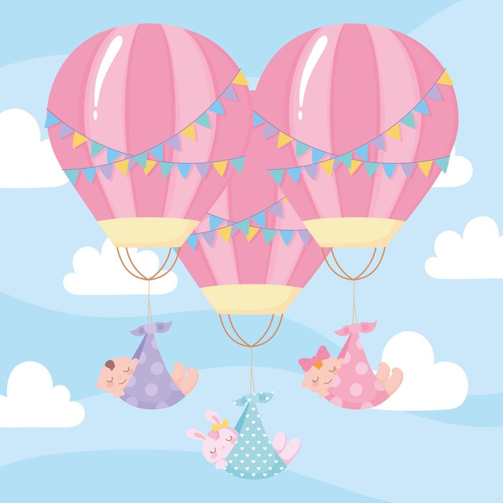 baby shower, cute babies flying in hot air balloons, celebration welcome newborn vector