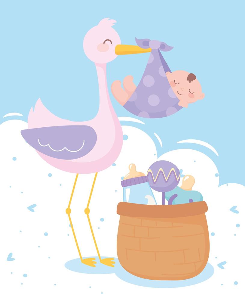 baby shower, stork with little boy in blanket with basket rattle and pacifier, celebration welcome newborn vector