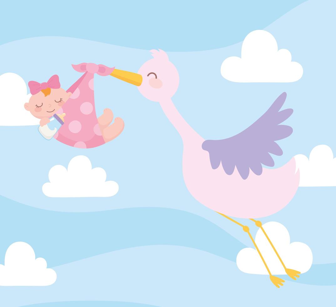 baby shower, stork carrying baby girl in blanket, celebration welcome newborn vector