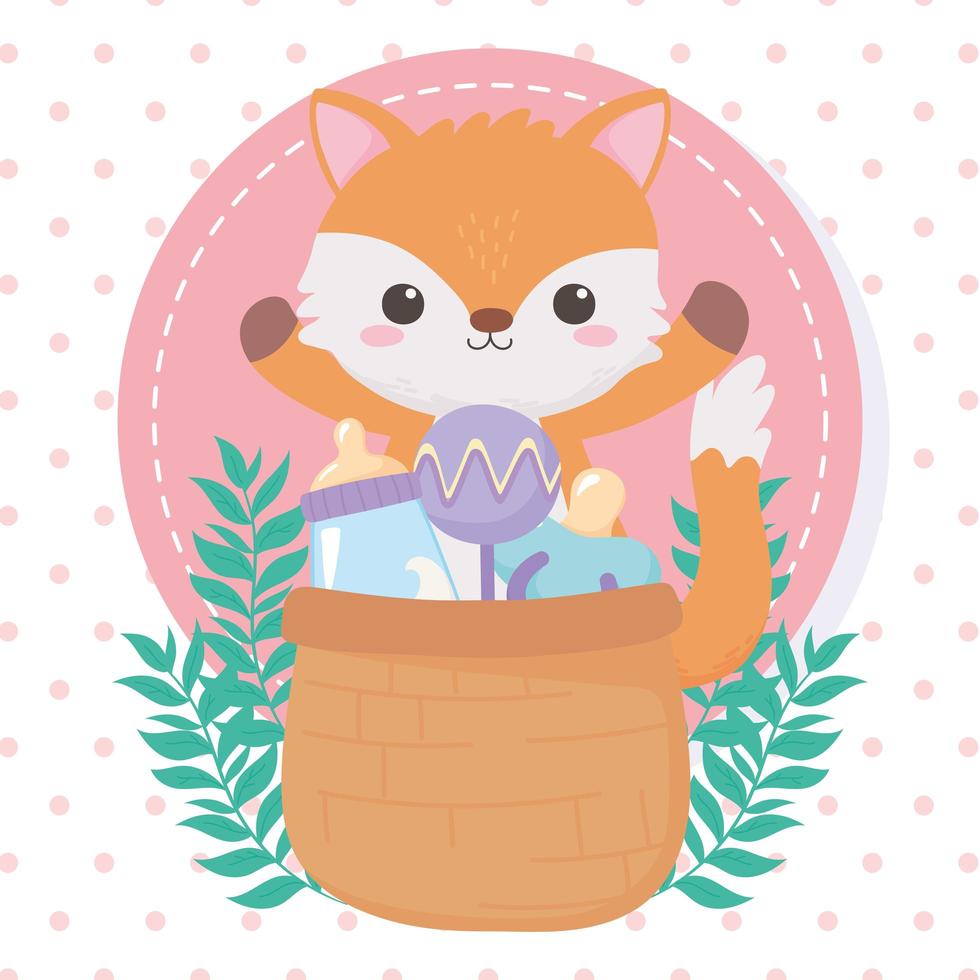baby shower, little fox with basket rattle and pacifier, celebration welcome newborn vector