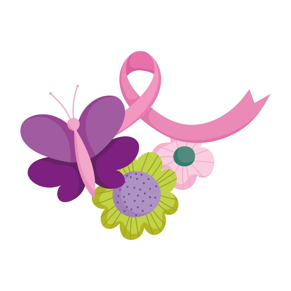 breast cancer awareness purple butterfly ribbon and flowers vector