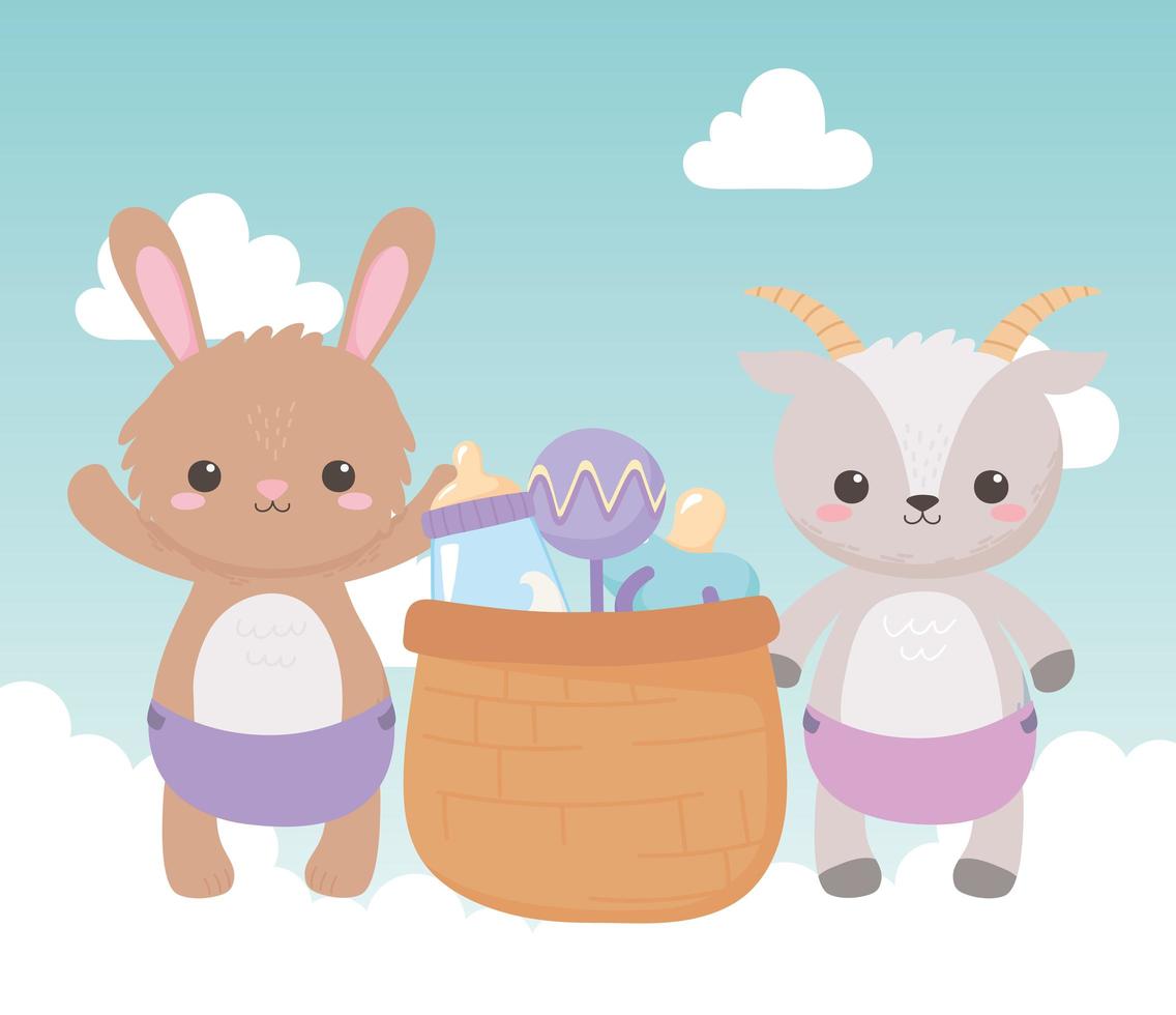 baby shower, cute bunny goat with basket rattle pacifier and bottle milk, celebration welcome newborn vector