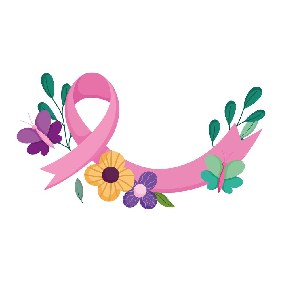 mes de concientización sobre el cáncer de mama cinta rosa flores hojas decoración vector