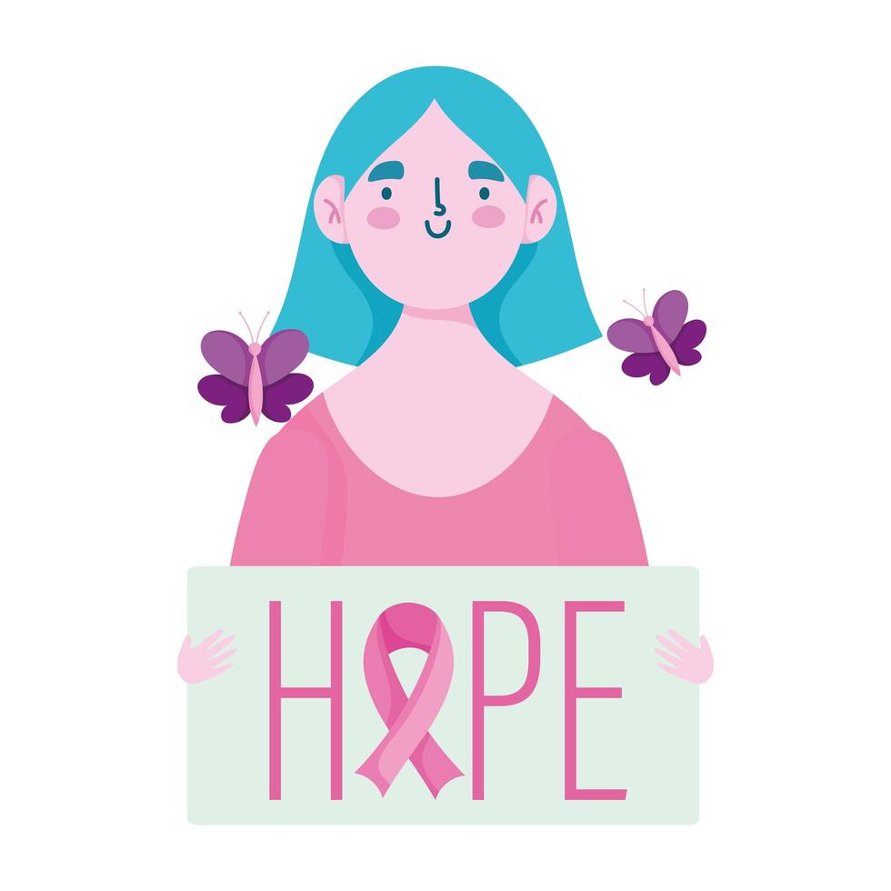breast cancer awareness month, woman butterflies and hope placard message vector