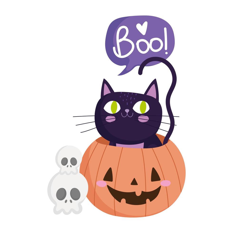 happy halloween, skulls black cat inside pumpkin, trick or treat party ...