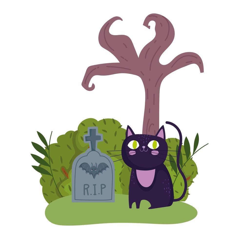 happy halloween, black cat tombstone dry tree grass cartoon, trick or treat party celebration vector