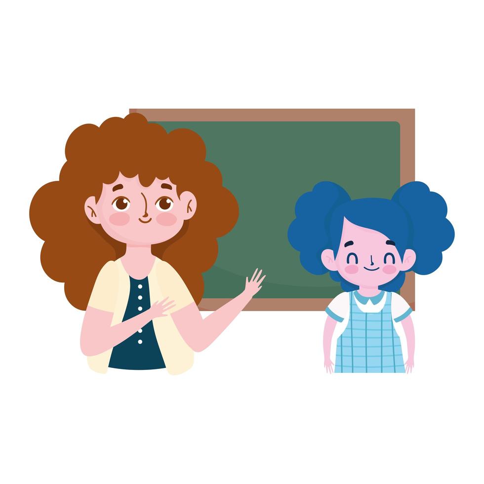 happy teachers day, cartoon teacher student girl and blackboard 1859357  Vector Art at Vecteezy
