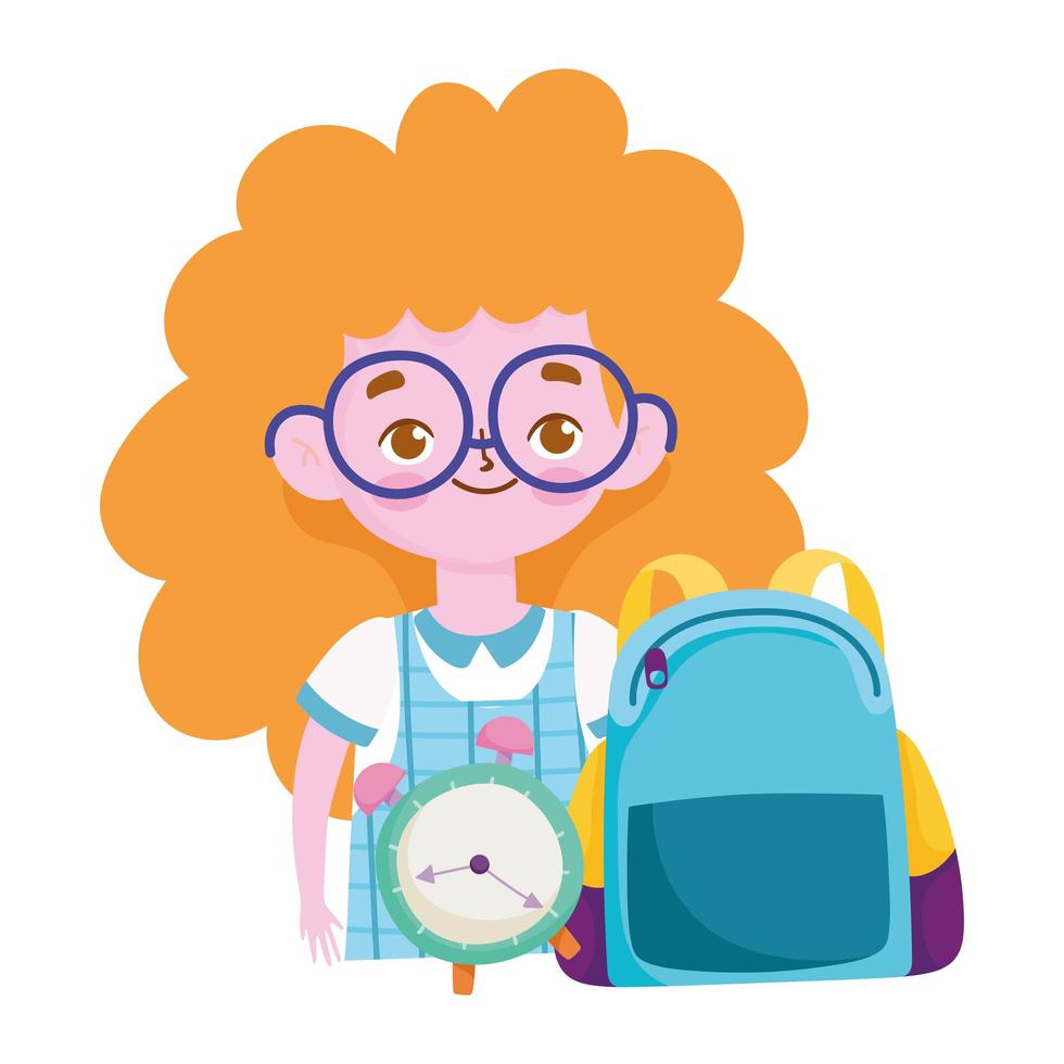 happy teachers day, student girl with backpack and clock cartoon vector