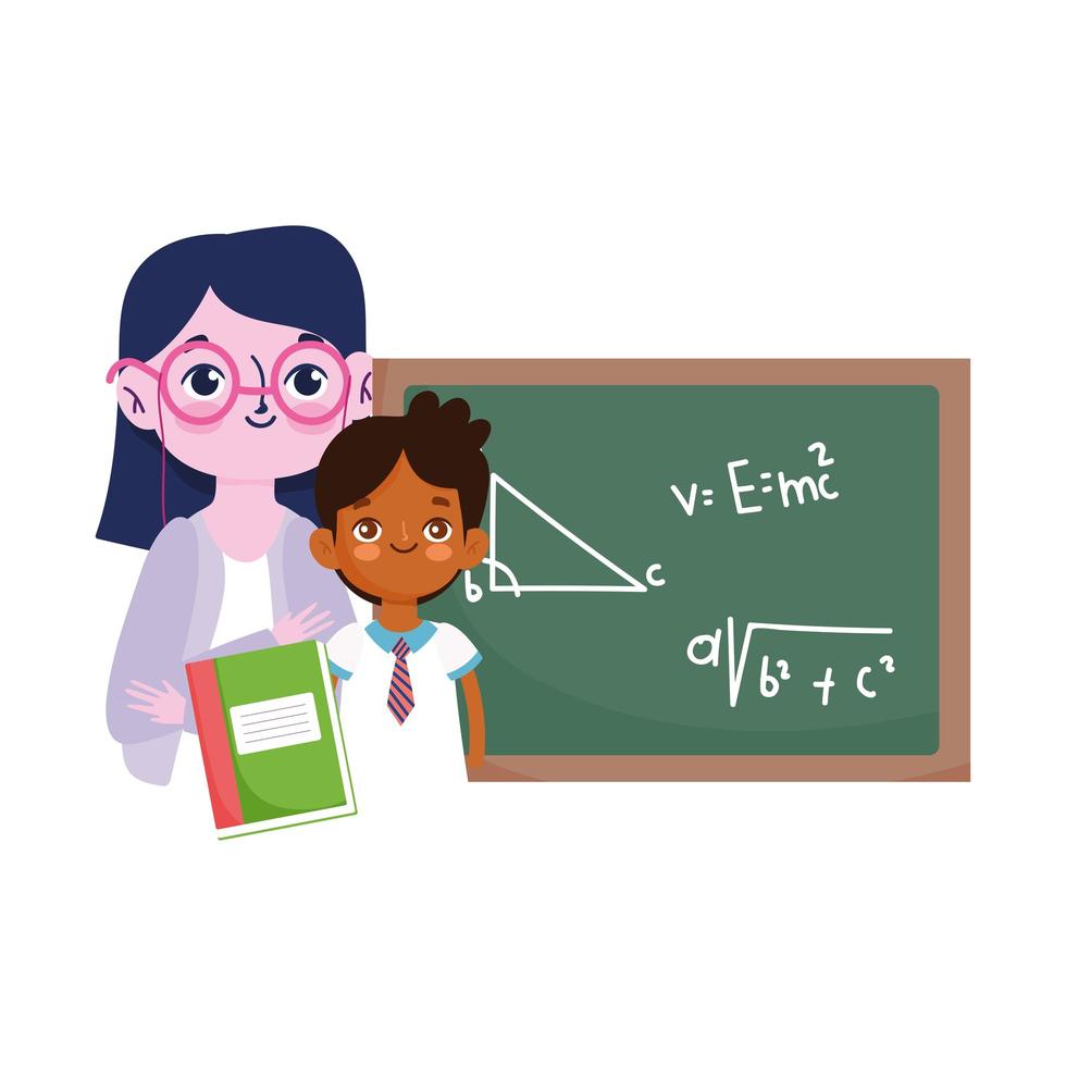 happy teachers day, teacher and student boy blackboard and book vector