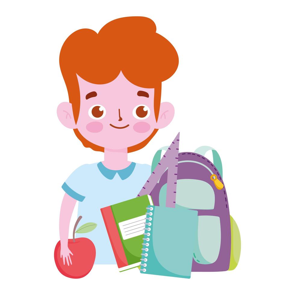 happy teachers day, student boy backpack books and apple cartoon vector