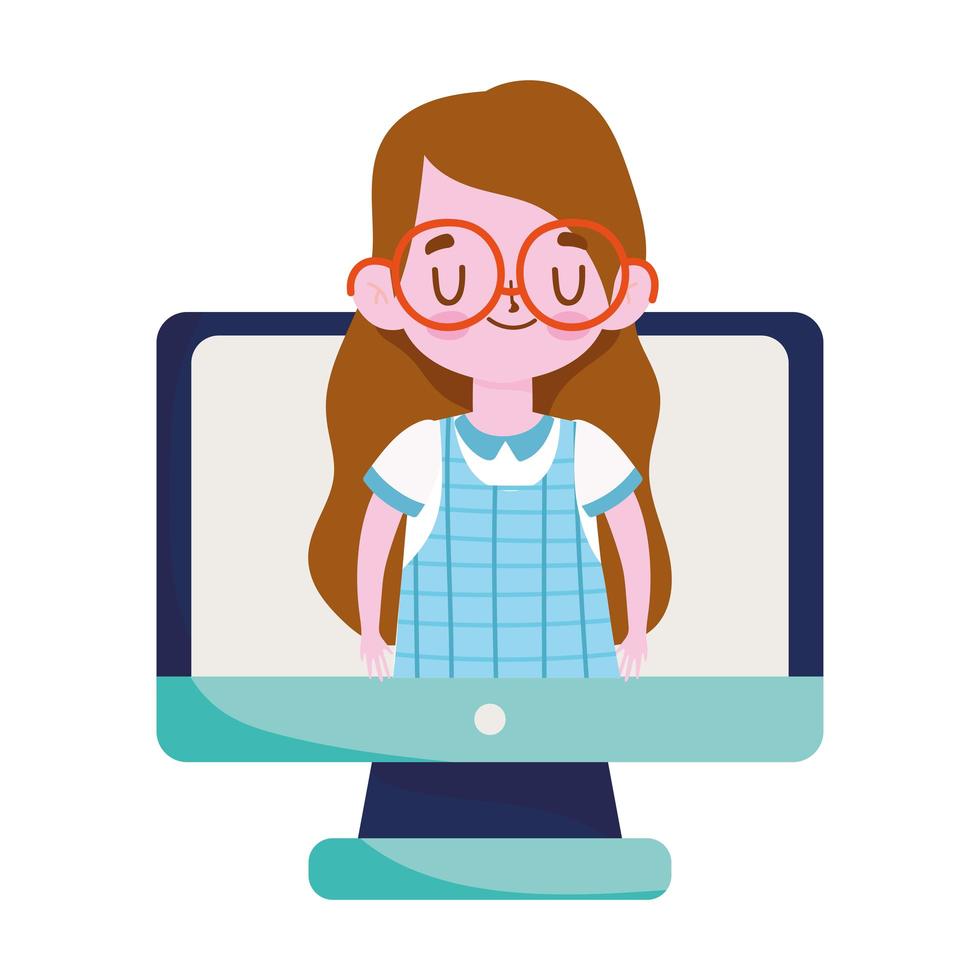 escuela, estudiante, niña, con, anteojos, en, computadora de pantalla, icono, aislado, fondo blanco vector