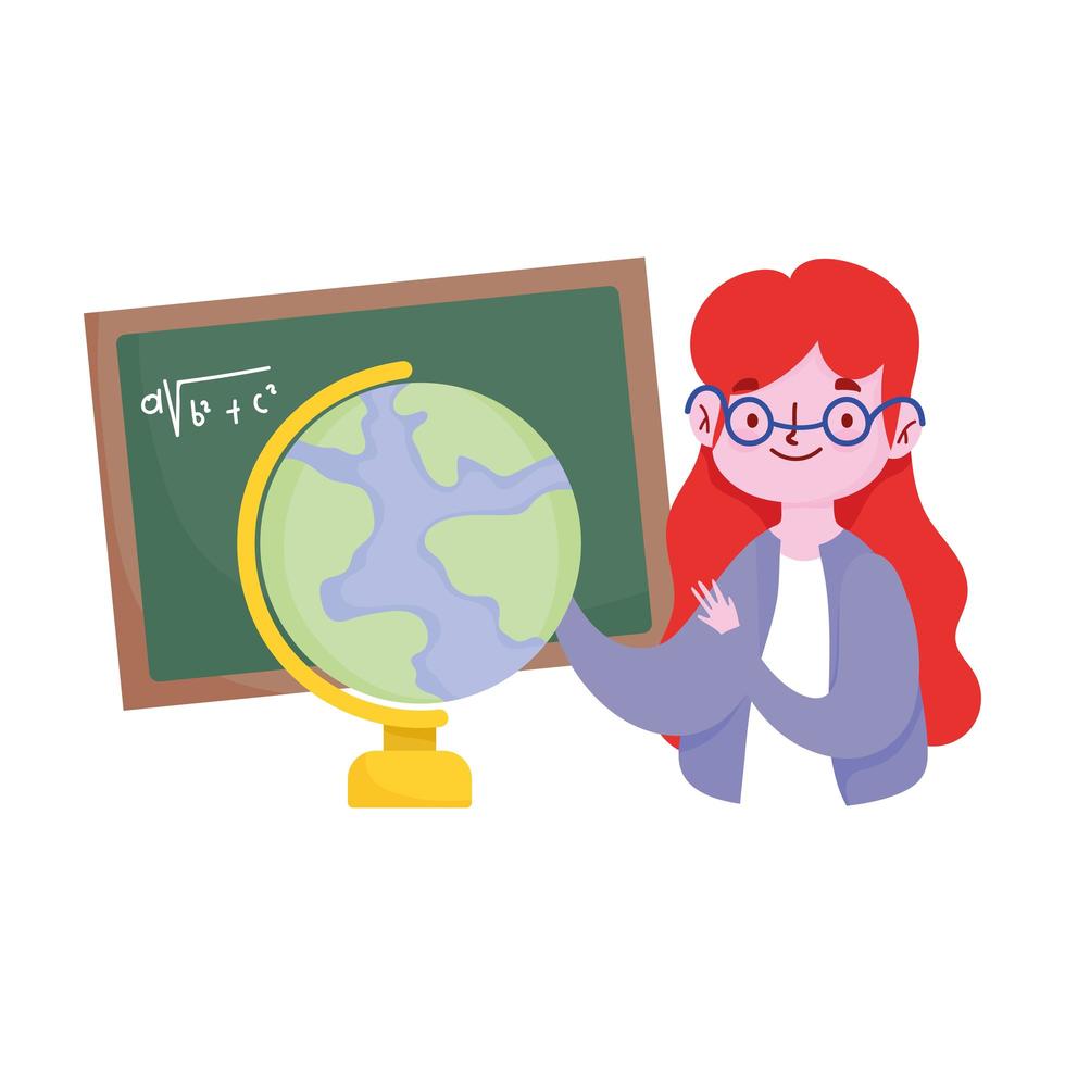 happy teachers day, teacher with chalkboard and globe map school vector